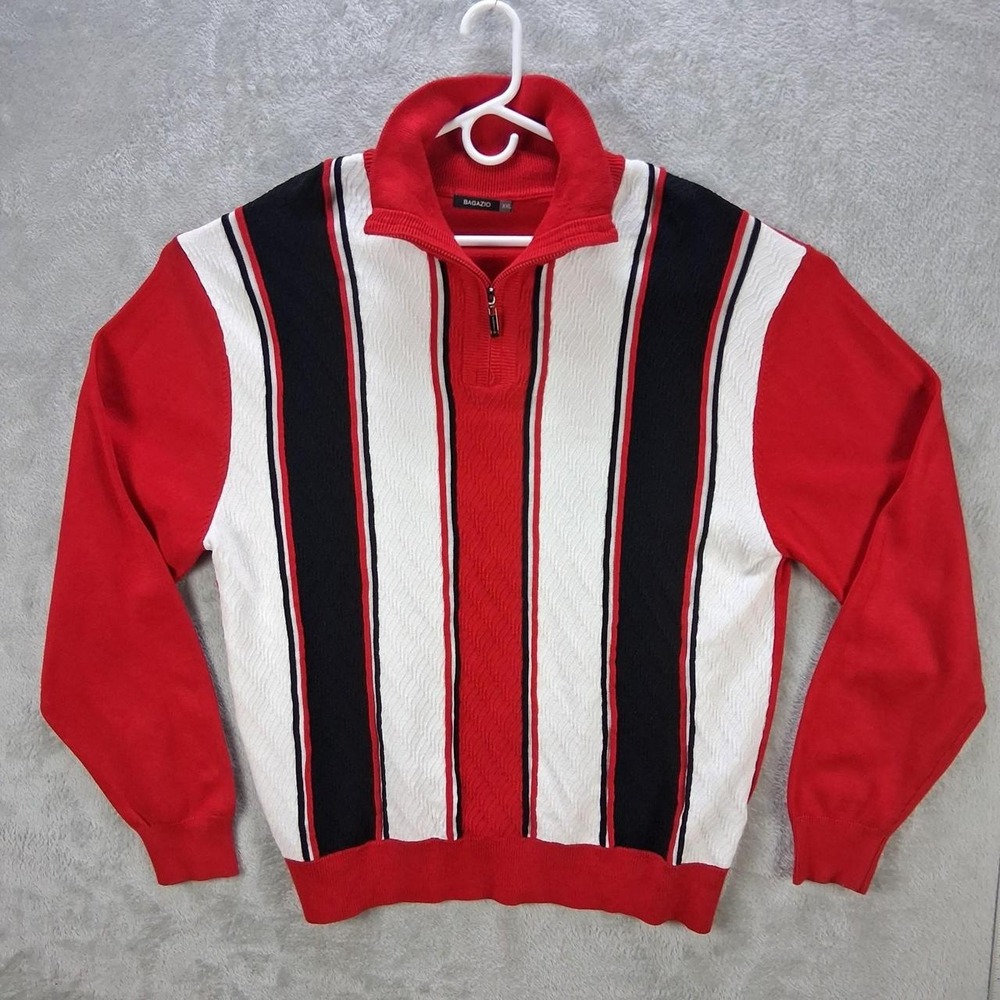 Vintage Bagazio Quarter Zip Sweater Red Black White Striped Mens XXL 90s Retro
